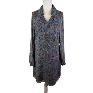 Cabi Provincial Tunic Dress Small Blue Floral Long Sleeve Boho Fall Office Flowy
